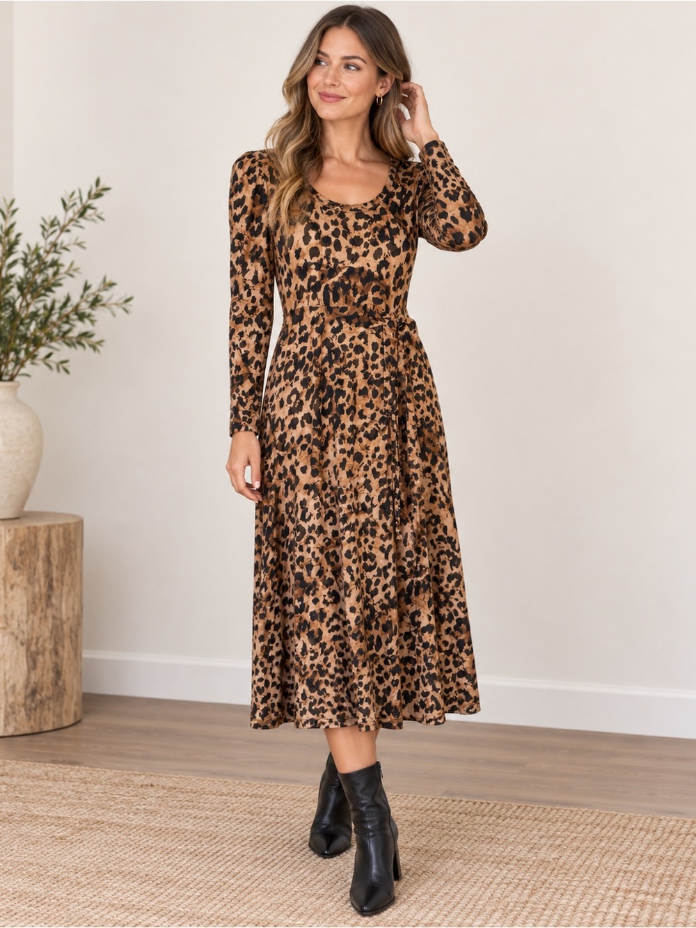 CAbi Leopard Print Long Sleeve Midi Dress - Brown/Black Size XS Evening Date